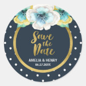 Blau und Imitate Gold, Save the Date blühend Runder Aufkleber (Vorderseite)