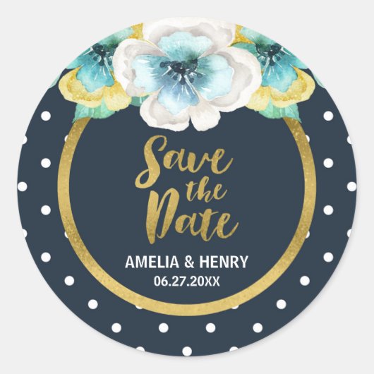 Blau und Imitate Gold, Save the Date blühend Runder Aufkleber (Vorderseite)