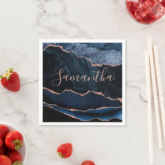 Blau und Imitate Rose Gold Glitzer Marmor Agate Serviette (Beispiel)