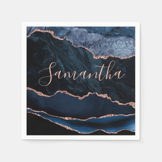 Blau und Imitate Rose Gold Glitzer Marmor Agate Serviette (Vorderseite)