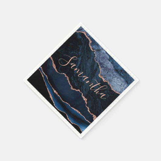 Blau und Imitate Rose Gold Glitzer Marmor Agate Serviette (Ecke)
