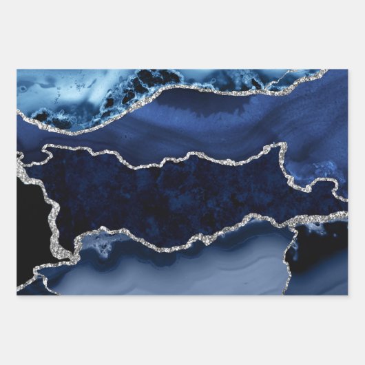 Blau und Imitate Silver Glitzer Marmorflasche Geschenkpapier Set (Vorderseite 3)