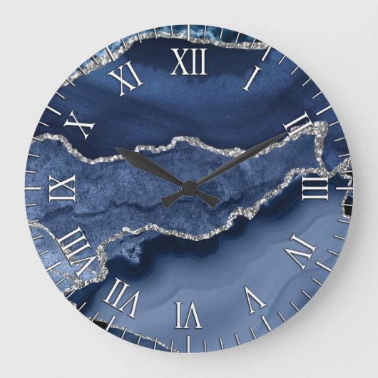 Blau und Imitate Silver Glitzer Marmorflasche Große Wanduhr (Vorderseite)