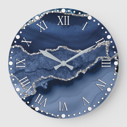 Blau und Imitate Silver Glitzer Marmorflasche Große Wanduhr (Vorderseite)