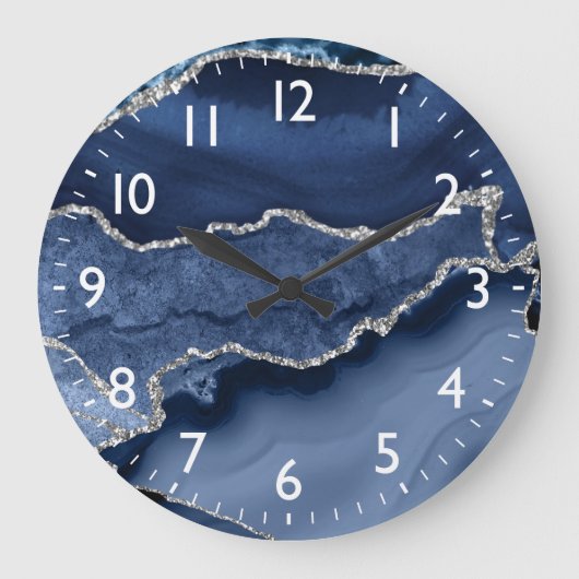 Blau und Imitate Silver Glitzer Marmorflasche Große Wanduhr (Vorderseite)