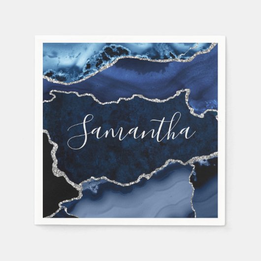 Blau und Imitate Silver Glitzer Marmorflasche Serviette (Vorderseite)