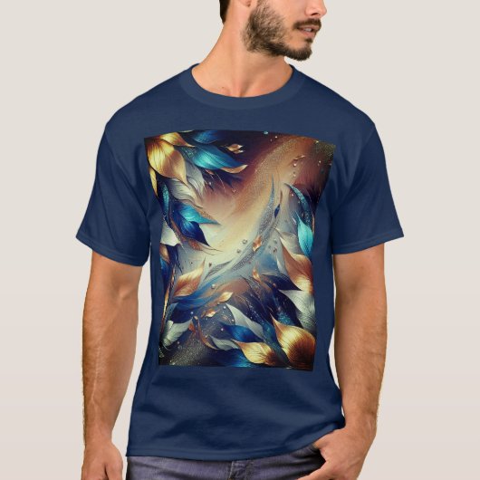 Blau und Kupfer Blätter Abstrakter T - Shirt (Vorderseite)