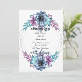 Blau und Lila Aquarellblumen Save The Date (Stehend Vorderseite)
