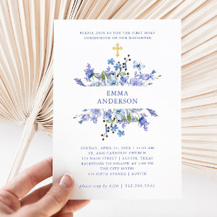 Blau und Lila   Floral First Heilige Kommunion Einladung