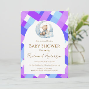 Blau und lila Karo Bär zur Babyparty für Jungen Einladung