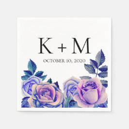Blau und lila Rose Aquarell. Hochzeitsblumen Serviette