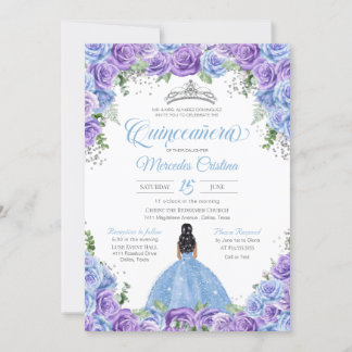 Blau und Lila Rose & Silver Tiara Quinceanera Einladung