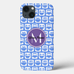 Blau und Lilac Owl Custom Monogram Personalisiert iPhone 13 Hülle