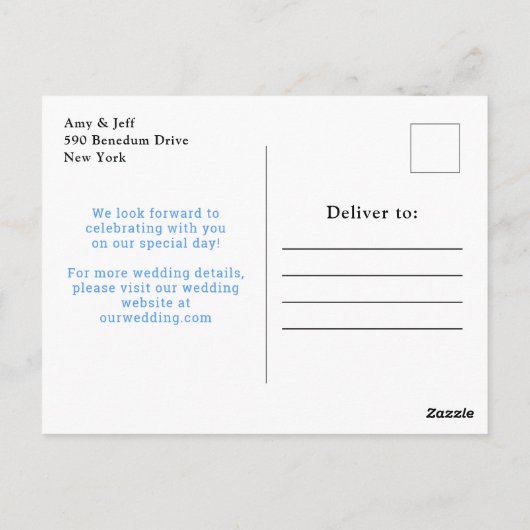 Blau- und Navy-Blume, die das Datum hochhalten Postkarte (Rückseite)