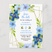 Blau- und Navy-Blume, die das Datum hochhalten Postkarte (Vorderseite)