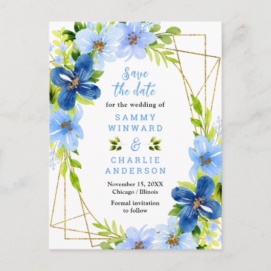 Blau- und Navy-Blume, die das Datum hochhalten Postkarte (Vorderseite)