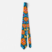 Blau und Orange Blume Muster Neck Tie Krawatte (Vorderseite)