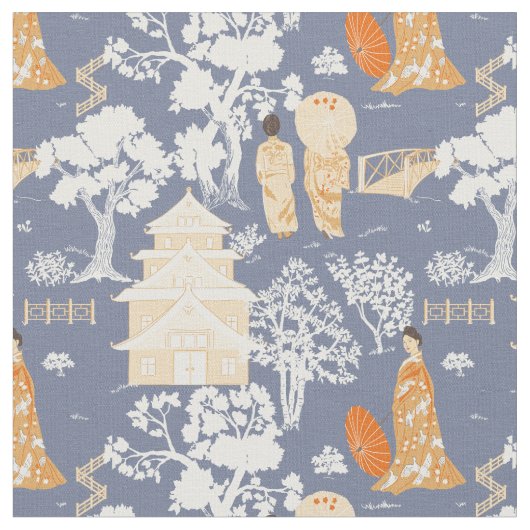 Blau und Orange Chinoiserie Pagodas Stoff (Nahaufnahme)