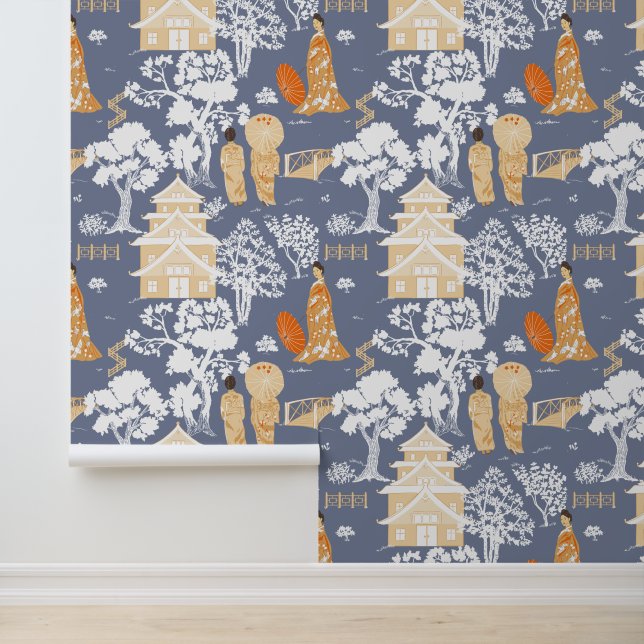 Blau und Orange Chinoiserie Tapete (Anwendung)