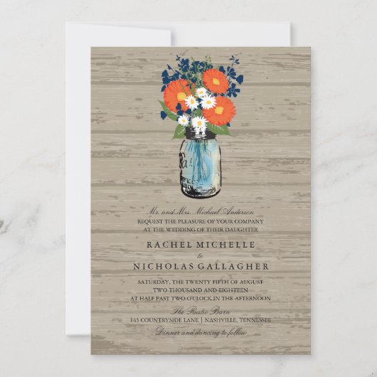 Blau und Orange Garden Mason Jar Wood | Hochzeit Einladung (Vorderseite)