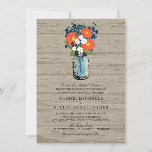 Blau und Orange Garden Mason Jar Wood Hochzeit Einladung