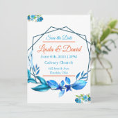 Blau und orange Hochzeit speichern das Datum Einladung (Stehend Vorderseite)