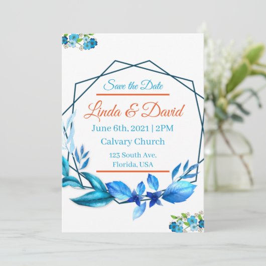 Blau und orange Hochzeit speichern das Datum Einladung (Stehend Vorderseite)