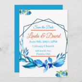 Blau und orange Hochzeit speichern das Datum Einladung (Vorne/Hinten)