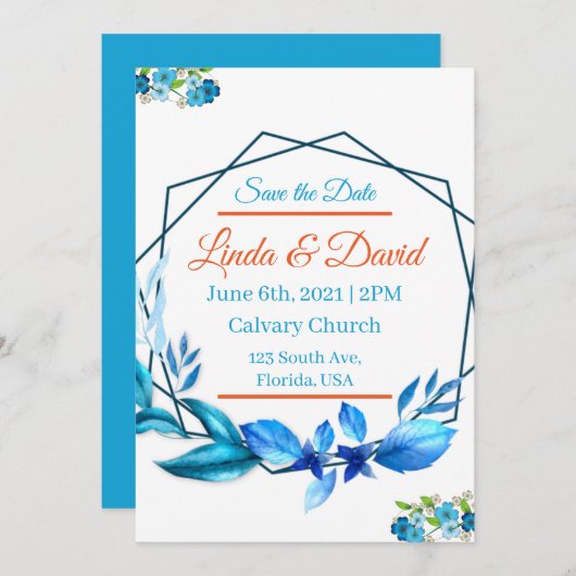 Blau und orange Hochzeit speichern das Datum Einladung (Vorne/Hinten)