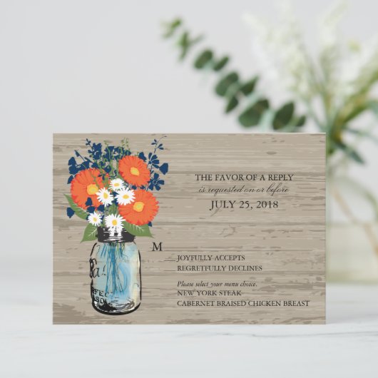 Blau und Orange Mason Jar Wood | UAWG RSVP Karte (Stehend Vorderseite)