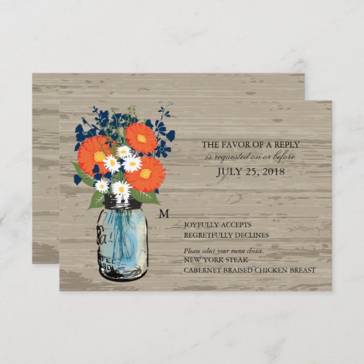 Blau und Orange Mason Jar Wood | UAWG RSVP Karte (Vorne/Hinten)