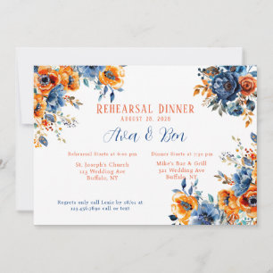Blau und Orange Paint Floral Probe Dinner Einladung