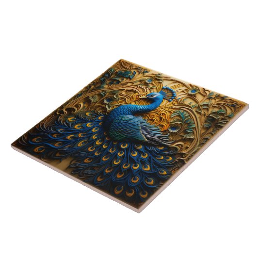 Blau und Orange Pfau, goldener Hintergrund Fliese (Seite)