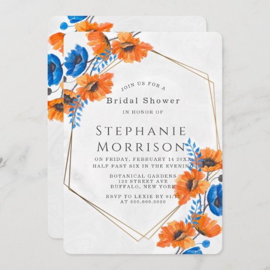 Blau und Orange Poppy Gold Brautparty Einladung (Vorne/Hinten)