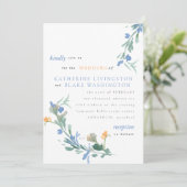 Blau und Orange Wildblume farbenfrohe Hochzeit Inv Einladung (Stehend Vorderseite)