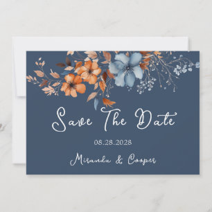 Blau und orange Wildblumen speichern die Datumskar Einladung
