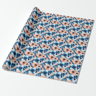 Blau- und Orangefarbene Blume auf Weiß Geschenkpapier