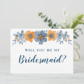 Blau- und Orangefarbene Blume werden meine Brautju Einladung (Stehend Vorderseite)