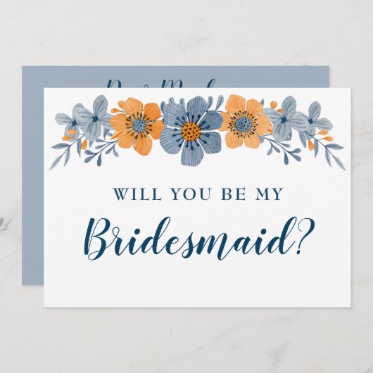 Blau- und Orangefarbene Blume werden meine Brautju Einladung (Vorne/Hinten)