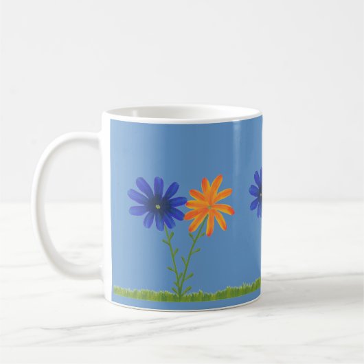Blau- und Orangefarbene Daisy-Blume mit Gras, Tass Kaffeetasse (Links)