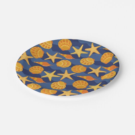 Blau- und Orangenmuster Pappteller (Schrägansicht)
