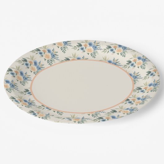 Blau und Pfirsichfarbenes Blumenmuster Pappteller (Schrägansicht)