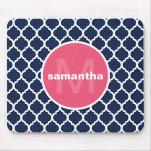Blau und Pink Quatrefoil Monogramm Mousepad