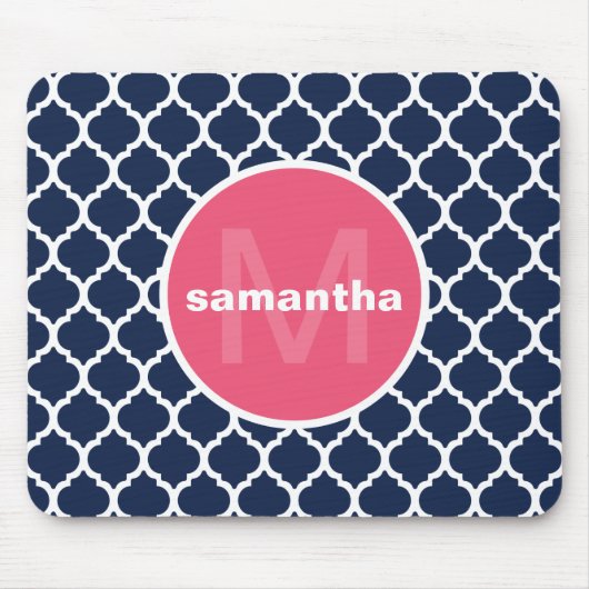 Blau und Pink Quatrefoil Monogramm Mousepad (Vorne)