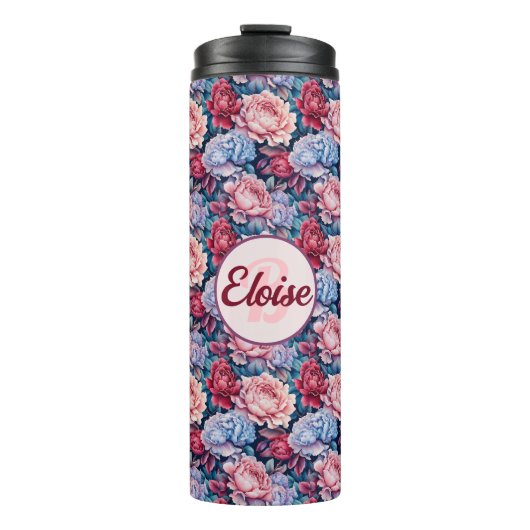 Blau und Rosa Blume Personalisiert Thermosbecher (Vorderseite)