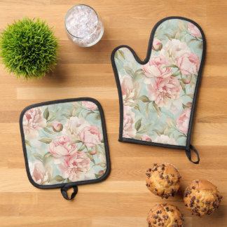 Blau und rosa Blumen shabby chic Ofenhandschuh & Topflappen-Set