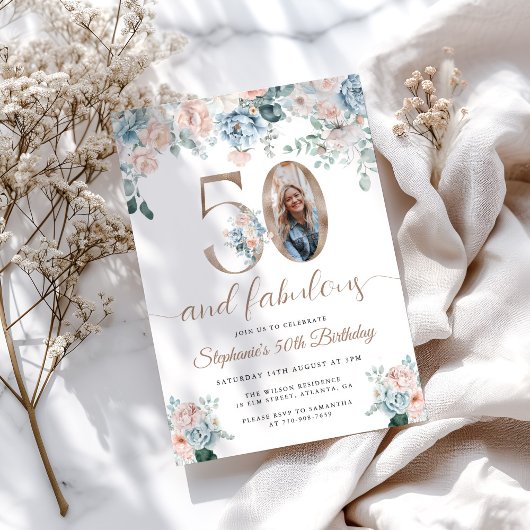 Blau und Rosa Foto 50. Geburtstag Einladung