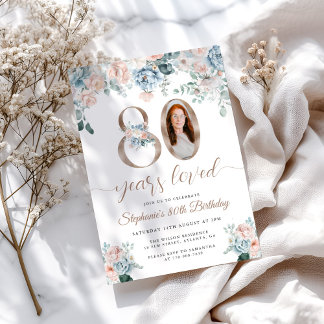 Blau und Rosa Foto 80. Geburtstag Einladung