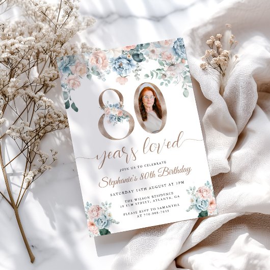 Blau und Rosa Foto 80. Geburtstag Einladung