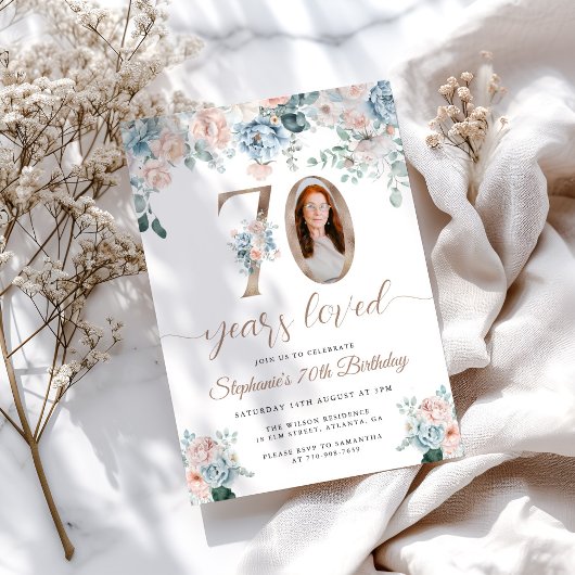 Blau und Rosa Foto am 70. Geburtstag Einladung